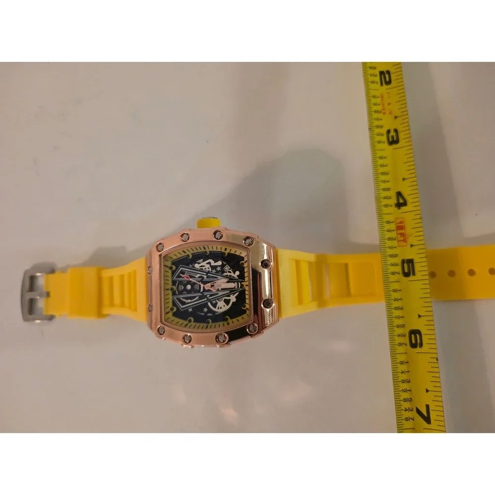 Rose Gold Tone Skeleton Dial Watch Yellow Silicone Strap Tonneau Case Sport
